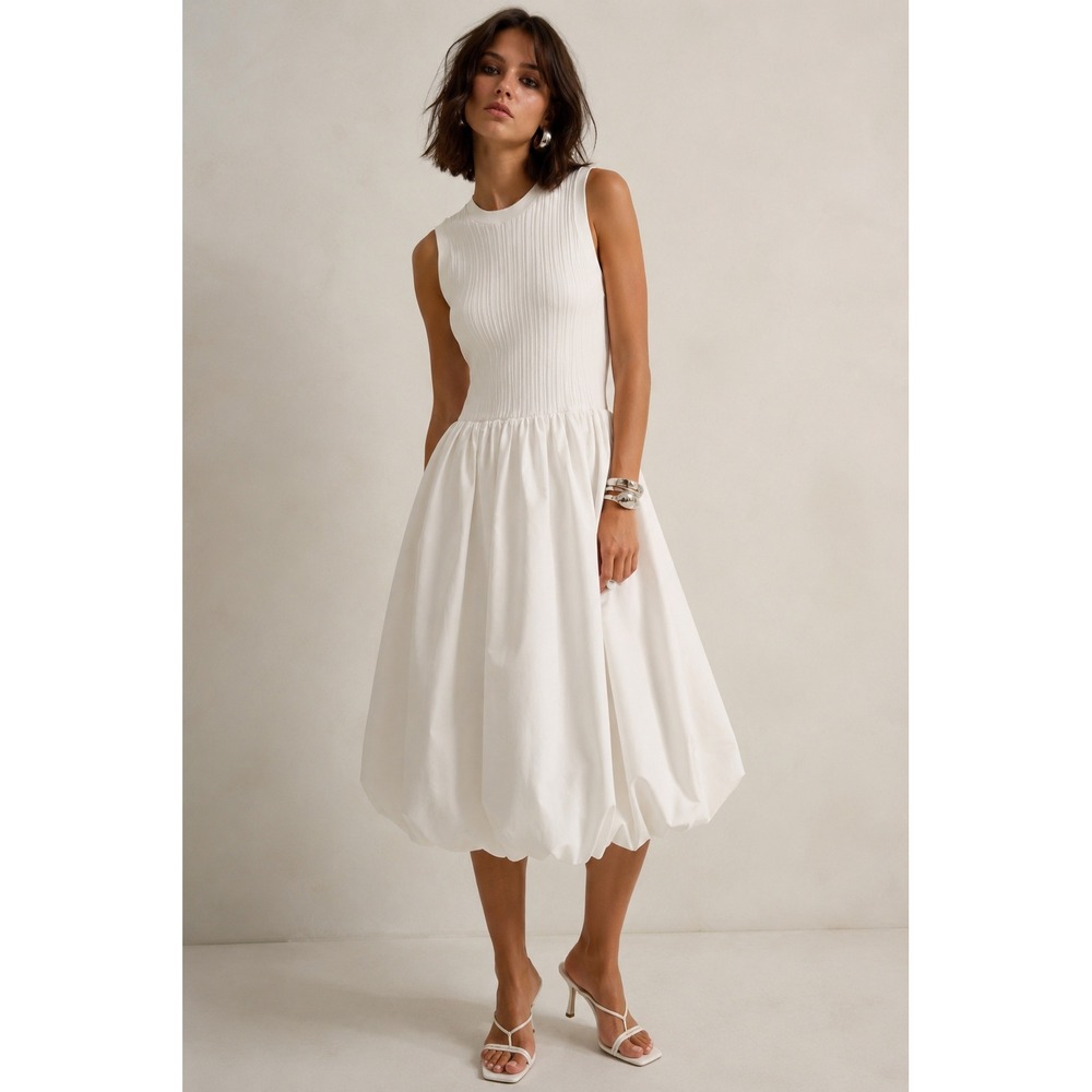 Rielle White Bubble Hem Maxi Dress w/Ribbed Knit Sleeveless Tank NWOT / Size M